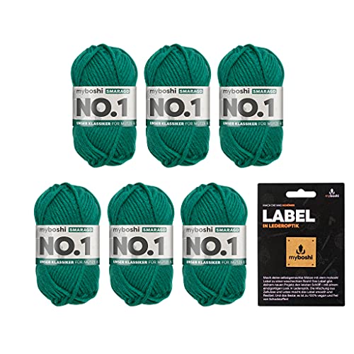 myboshi No.1 Wolle zum Häkeln und Stricken, Schnellstrickgarn, inkl. Label, Strickwolle, Häkelwolle, mulesing-frei, Ll. 55m /50g, 30% Wolle (Merinowolle) Grün (Smaragd) 6 Knäuel von myboshi