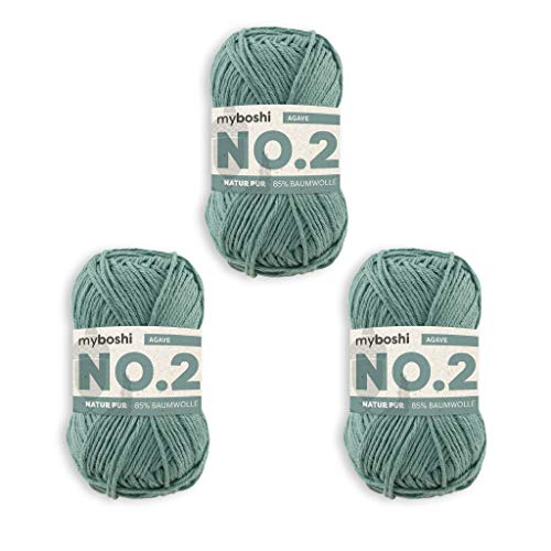 myboshi No.2 Baumwolle zum Häkeln, Baby Wolle, vegane Wolle zum Stricken, 60 Grad waschbar, für Baby und Amigurumi, 50g, Ll 100m Grün (Agave) 3 Knäuel von myboshi