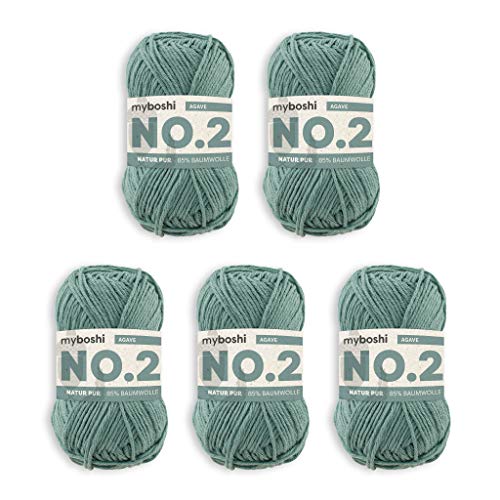 myboshi No.2 Baumwolle zum Häkeln, Baby Wolle, vegane Wolle zum Stricken, 60 Grad waschbar, für Baby und Amigurumi, 50g, Ll 100m Grün (Agave) 5 Knäuel von myboshi