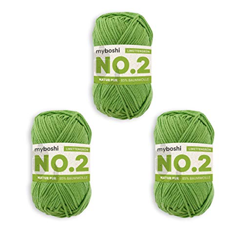 myboshi No.2 Baumwolle zum Häkeln, Baby Wolle, vegane Wolle zum Stricken, Wolle 60 Grad waschbar, für Baby und Amigurumi, 50g, Ll 100m Grün (Limettengrün), 3 Knäuel von myboshi