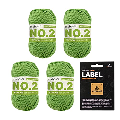 myboshi No.2 inkl. Label, Baumwolle zum Häkeln und Stricken, für Baby und Amigurumi, vegan, 60 Grad waschbar, 50g, Ll 100m Grün (Limettengrün), 4 Knäuel von myboshi