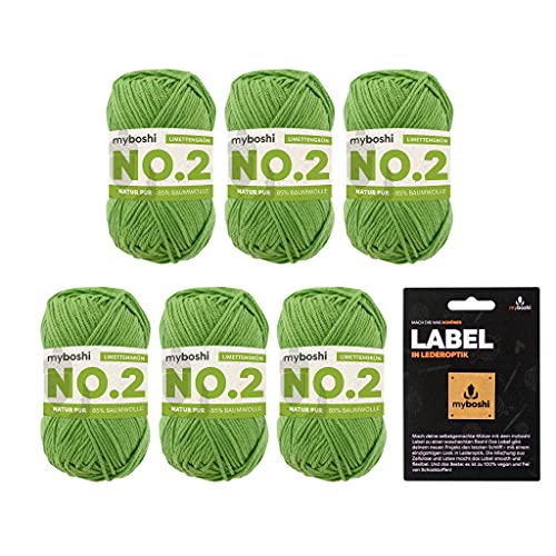 myboshi No.2 inkl. Label, Baumwolle zum Häkeln und Stricken, für Baby und Amigurumi, vegan, 60 Grad waschbar, 50g, Ll 100m Grün (Limettengrün), 6 Knäuel von myboshi