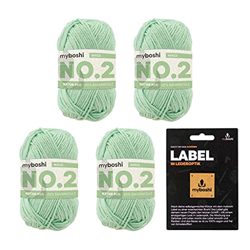 myboshi No.2 inkl. Label, Baumwolle zum Häkeln und Stricken, für Baby und Amigurumi, vegan, 60 Grad waschbar, 50g, Ll 100m Grün (Minze), 4 Knäuel von myboshi