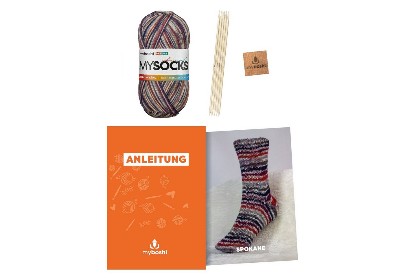 myboshi Strickset Socken Spokane mysocks Wolle Nadelspiel Häkelwolle, (1-St., Strickset Socken Spokane Original mysocks Wolle Nadelspiel Anleitung), Meliert von myboshi