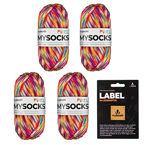 myboshi mysocks Pixel, 6-fädige Sockenwolle, strapazierfähig, Garn, inkl. original Label in Lederoptik aus Schurwolle, filzfrei, 150g, Ll 390m Orange (Spark) 4 Knäuel von myboshi