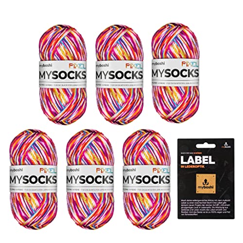 myboshi mysocks Pixel, 6-fädige Sockenwolle, strapazierfähig, Garn, inkl. original Label in Lederoptik aus Schurwolle, filzfrei, 150g, Ll 390m Rot (Nova) 6 Knäuel von myboshi