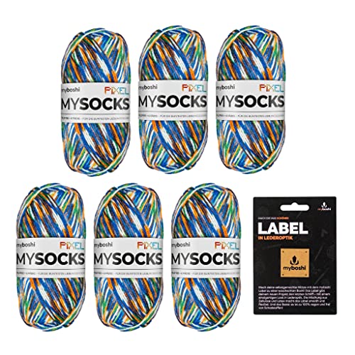 myboshi mysocks Pixel, 6-fädige Sockenwolle, strapazierfähig, Garn, inkl. original myboshi Label in Lederoptik aus Schurwolle, filzfrei, 150g, Ll 390m Grün (Booker), 6 Knäuel von myboshi