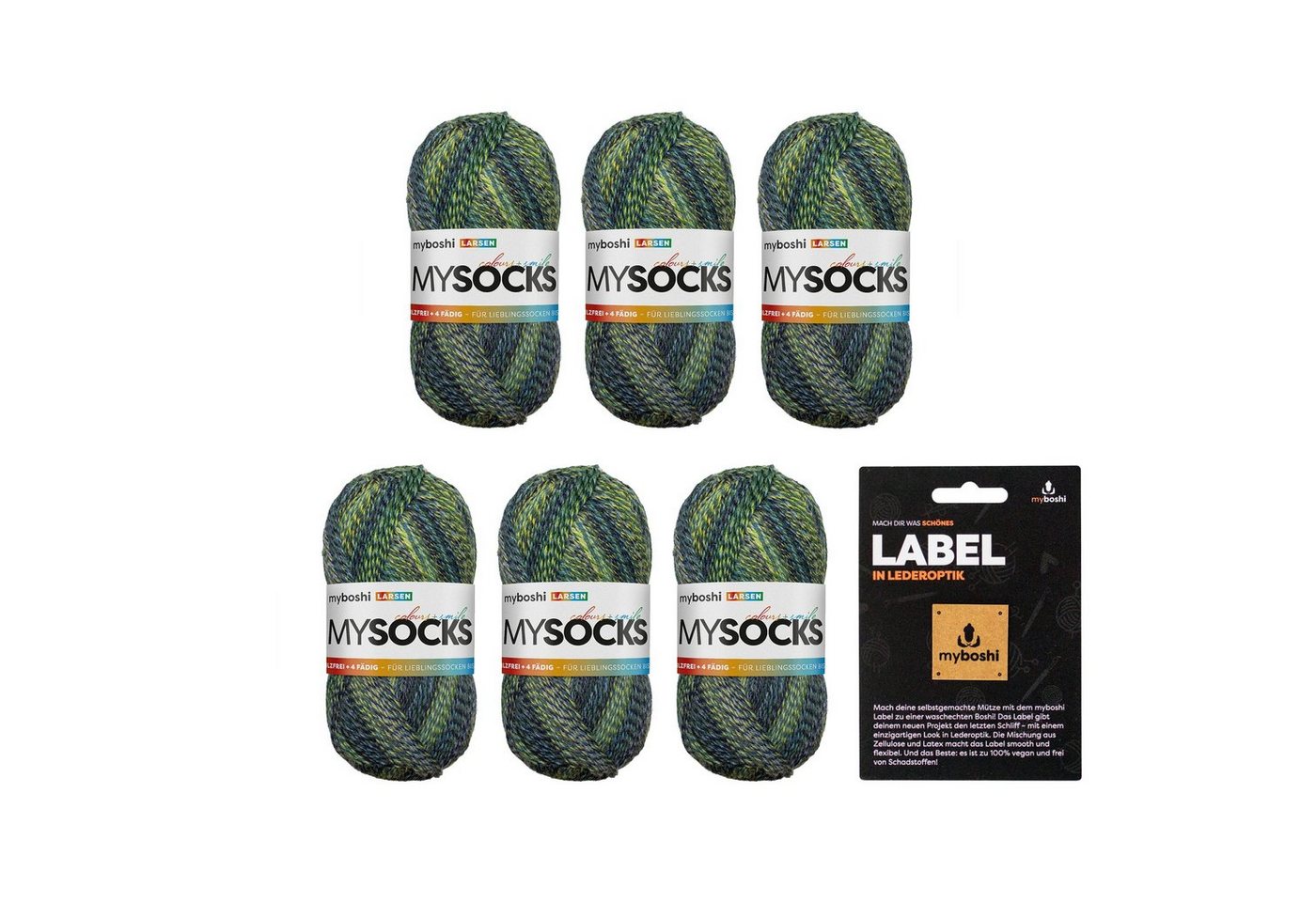 myboshi mysocks Sockenwolle, 4-fädig, mit Label Häkelwolle, 420 m (6-St., Sockenwolle mit Label 4-fädig), Farbverlauf von myboshi