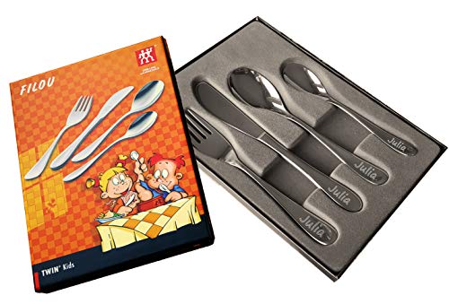 Kinderbesteck Zwilling Filou | 4- teilig mit Wunsch Gravur Besteck Set ZWILLING J.A. Henckels mit Namen graviert | Geschenk zur Geburt | Taufe | Geburtstag von mygravur