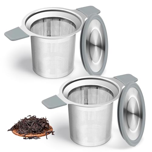 mymai Edelstahl Teesieb 2er Set für losen Tee mit Deckel, hitzebeständigem Silikongriff, 304 Edelstahl Teesieb für Tassen und Teekannen, Feinmaschiges Teesieb für Aromatischen Teegenuss von mymai