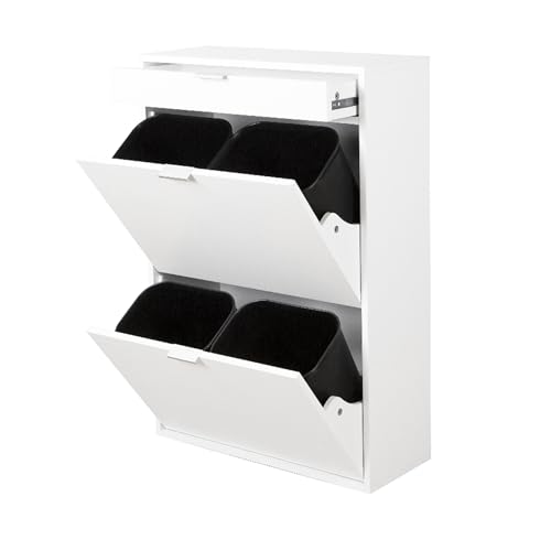 mymai Mülleimerschrank mit Schublade und 4 Abfalleimern Mülltrennsystem Küchen Unterschrank Aufbewahrung (Weiß, 62 x 25 x 90 cm) von mymai