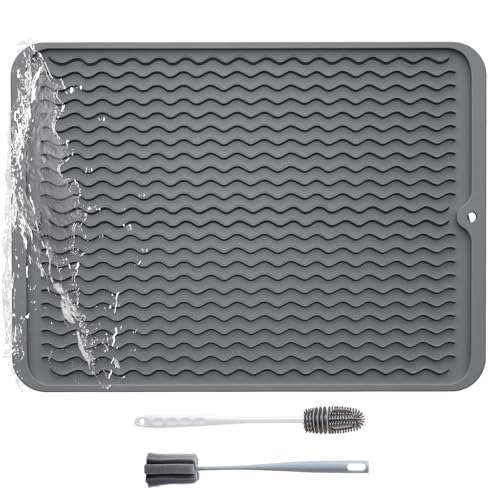 mymai Silikon Abtropfmatte für Geschirr - Trockenmatte 40 x 50 cm & 30 x 40 cm mit 2 Reinigungsbürsten, BPA-frei, rutschfest, hitzebeständig für Küche & Geschirrpflege (40*50cm) von mymai