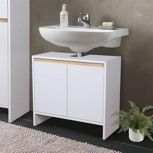 mymai Waschbeckenunterschrank, Badschrank, 60 x 28 x 55 cm, Badezimmerschrank, Aufbewahrungsschrank, Unterschrank mit 2 Türen, mit Regalebene, Badezimmermöbel, Weiß mymai Waschbeckenunterschrank, Badschrank, 60 x 28 x 55 cm, Badezimmerschrank, Aufbewahrungsschrank, Unterschrank mit 2 Türen, mit Regalebene, Badezimmermöbel, Weiß von mymai