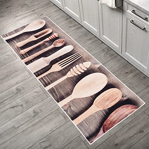 Mynes Home waschbarer Küchenteppich - Pflegeleichter Küchenläufer mit Rutschfester Latexunterlage - Tolle Teppich Designs für Küche, Waschmaschinengeeignet - Kochlöffel Beige, 50x240 cm von Mynes