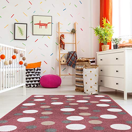 mynes Home Kurzflor Kinder Teppich rot Motiv Kreise Kinderzimmerteppich Spielteppich 008 (120x170cm) von mynes Home