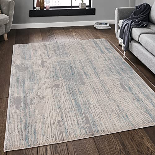 Mynes Home Designer Teppich Wohnzimmer in Beige Blau / 120x170 cm / 3D Vintage Muster/Abstrakte Linien Muster/weich und strapazierfähig von Mynes