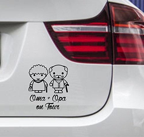 "Oma + Opa on tour" mit Ehepaarfiguren Aufkleber Autoaufkleber Sticker Auto`+ Bonus Testaufkleber "Estrellina-Glückstern" ®, gedruckte Montageanleitung von "myrockshirt", waschanlagenfest, von myrockshirt