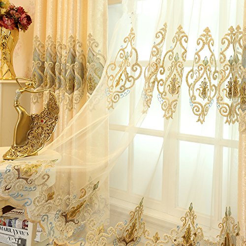 MYRU 2er-Set Europäische goldene Luxuxjacquard-Vorhänge für Schlafzimmer Wohnzimmer (Tüllvorhang, 245 * 140 cm) von MYRU
