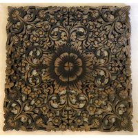 Boho Lotus Blume Teak Wand Kunst Holzschnitzplatte 43cm 17, 5 " Dekoratives Reclaimed Holz Geschnitzt Mandala Weiß Waschbraun Thai Hängend 18 von mythaihome