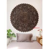 Holz Geschnitzte Wandplatte Rund Großes Teak Queen Size Kopfteil 59" Rustikal Braun Boho Mandala Lotus Blume Wanddekoration Thailand Holzschnitzerei von mythaihome