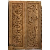 Teaktüren 2 Dicke Große Holz Wand Kunst Heißer Drache Phoenix Lotus Blume Art Panel Dekor Thai Skulptur Rustikal Reclaimed von mythaihome