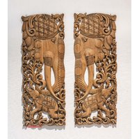 Thai Holz Elefant Teak Wandkunst 2 Paneele Handgeschnitzt Wandbehang 35" Mutter Sohn Kopfteil Dekorativ 36 Schwarz Waschen Rustikal von mythaihome