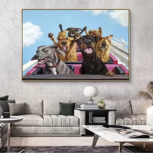 Wanddekoration Malerei Lustige Wandkunst Hunde Spielen Achterbahnen und Drucke Wohnkultur Moderne Tier-Leinwandmalerei für Kinderzimmer -60x80cm von nSuLiShangMao