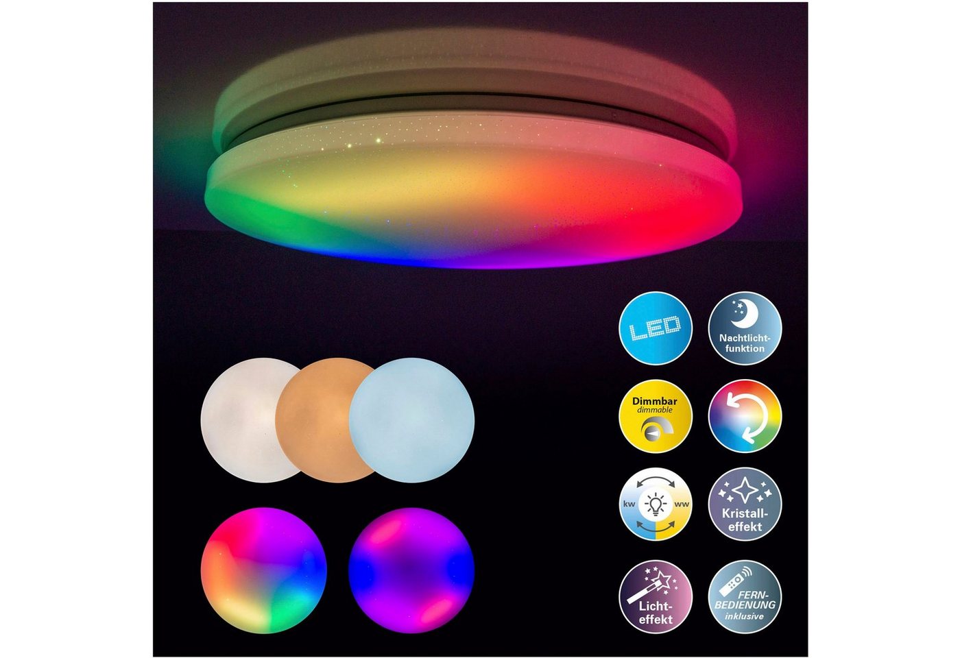 näve LED Deckenleuchte Rainbow, CCT - über Fernbedienung, Dimmfunktion, Farbwechsel, Fernbedienung, Infrarot inkl., RGB, LED fest integriert, Kaltweiß, Neutralweiß, RGB, Warmweiß, Kristalleffekt, dimmbar, Nachtlicht, CCT, Farbwechsler, Fernbedienung von näve