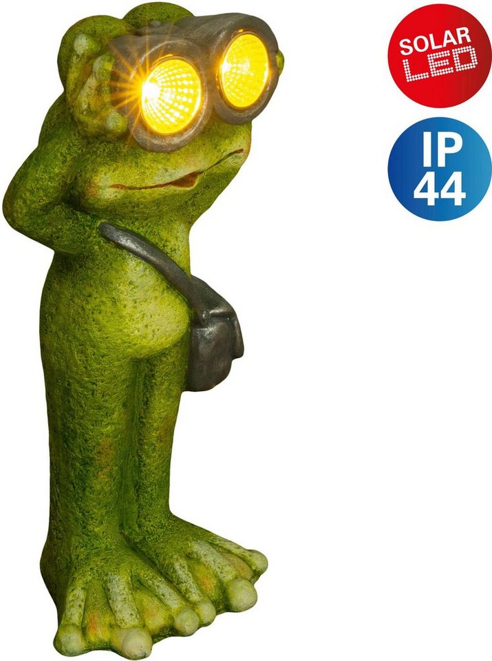 näve LED Solarleuchte Frosch, LED fest integriert, Warmweiß, stehender Frosch mit Fernglas und Umhängetasche, Keramik, inkl. Akku von näve
