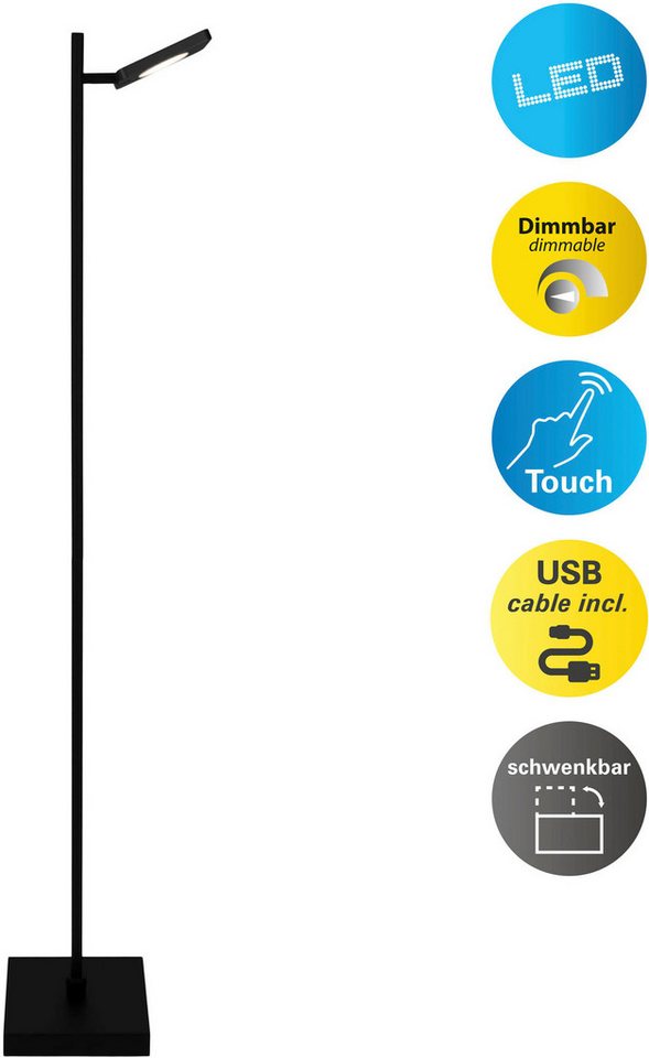 näve LED Stehlampe Lupa, Dimmfunktion, USB-Anschluss mit Ladefunktion, LED wechselbar, Warmweiß, Akkuleuchte, USB-C Kabel, schwarz, dimmbar(Touch), Schirm drehbar von näve