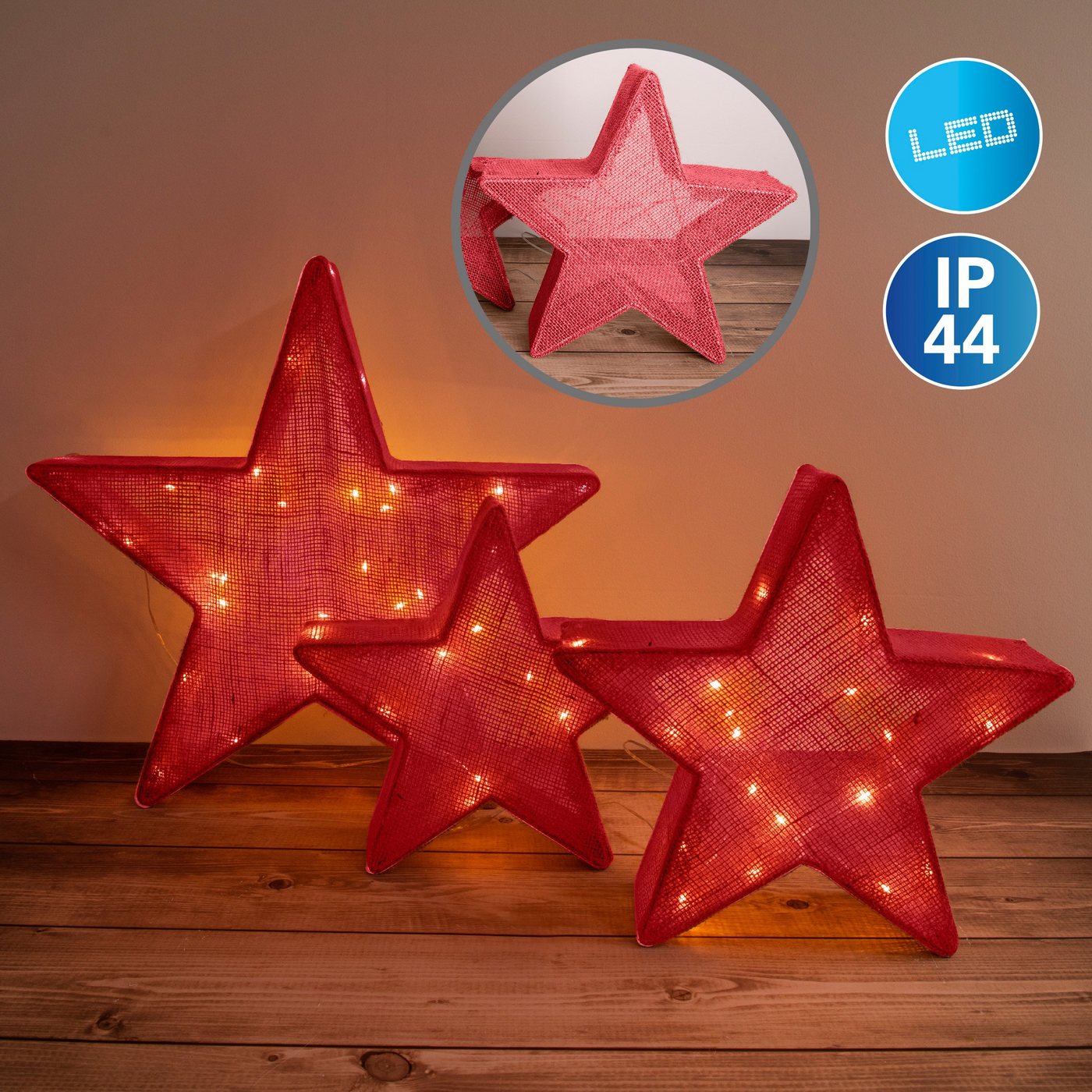 näve LED Stern Christmas Stars, LED fest integriert, Warmweiß, LED 3er Set>>Christmas Stars<<, rot,1x Zuleitung mit Adapter 4,5V/3.6W von näve