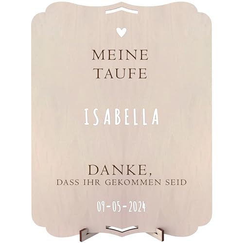 nagu® Willkommensschild Zur Taufe Aus Holz - Personalisiert Mit Namen Und Datum - Taufe Deko - Taufgeschenke Für Mädchen Und Jungen - Mit Tischständer - 30 x 22 cm von nagu