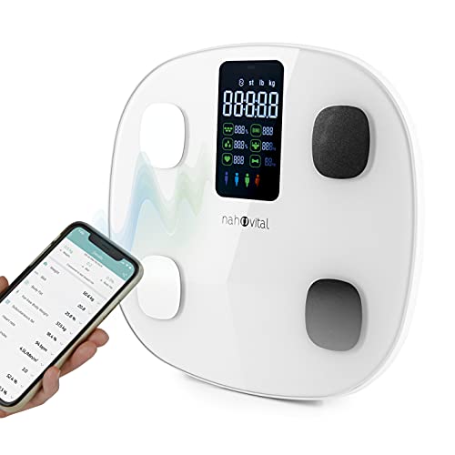 nah-vital® smarte Körperanalysewaage | digitale Personenwaage | Körperfettwaage mit App für 15 Körperdaten wie Körperfett, Gewicht, BMI, Muskelmasse und BMR | großes Display | bis zu 24 Profile von nah-vital