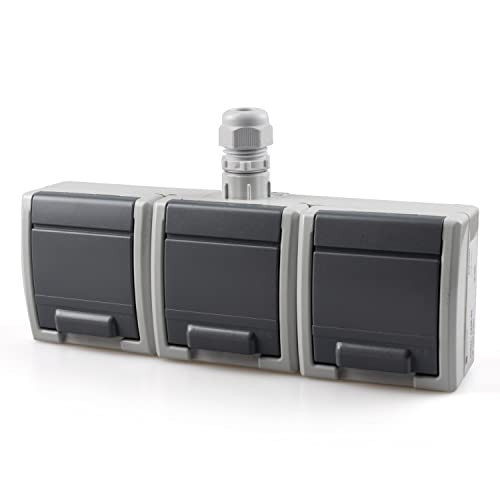 NAKA Steckdose 3-er Set | für Elektroinstallation im Feuchtraum | IP65 Aufputzsteckdose | Komplettset Einsatz + Rahmen + Abdeckung | Mehrfachsteckdose | Schuko AQUANT 1246-65 Grau von NAKA
