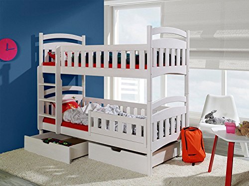NAKA Dominik Kinder Hochbett Etagenbett mit 2 Liegeflächen und Matratzen | Kinderzimmermöbel Bett für Mädchen Junge | Kinderbett mit Rausfallschutz | Möbel fürs Kinderzimmer 190 cm x 80 cm Weiß von NAKA