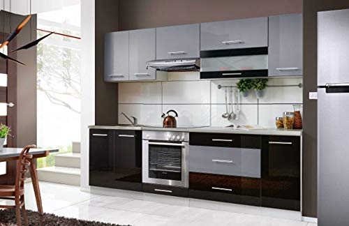 naka24 NEU Küche Petra 260 cm Hochglanz hochwertig viele Farbvarianten erweiterbar (Schwarz - Grau) von naka24