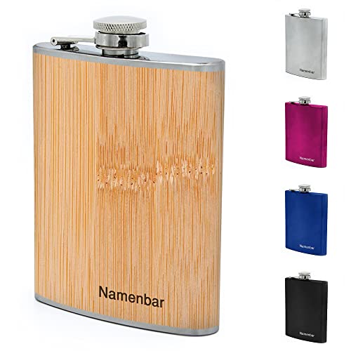 Flachmann mit Namens Gravur, Edelstahl, individuelle Geschenkidee zur Hochzeit, zum Geburtstag oder mehr! (Holz) von Namenbar