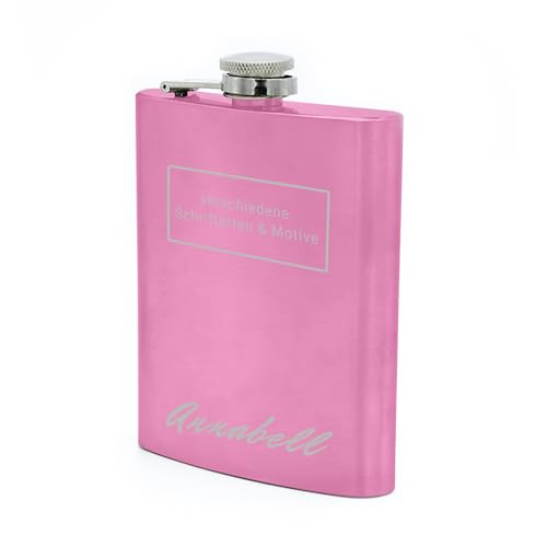Flachmann mit Namens Gravur, Edelstahl, individuelle Geschenkidee zur Hochzeit, zum Geburtstag oder mehr! (Pink) von Namenbar