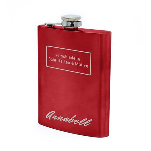Flachmann mit Namens Gravur, Edelstahl, individuelle Geschenkidee zur Hochzeit, zum Geburtstag oder mehr! (rot) von Namenbar