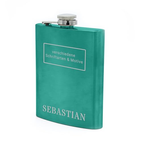 Flachmann mit Namens Gravur, Edelstahl, individuelle Geschenkidee zur Hochzeit, zum Geburtstag oder mehr! (türkis) von Namenbar