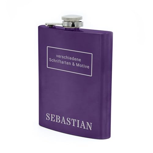 Flachmann mit Namens Gravur, Edelstahl, individuelle Geschenkidee zur Hochzeit, zum Geburtstag oder mehr! (violett) von Namenbar