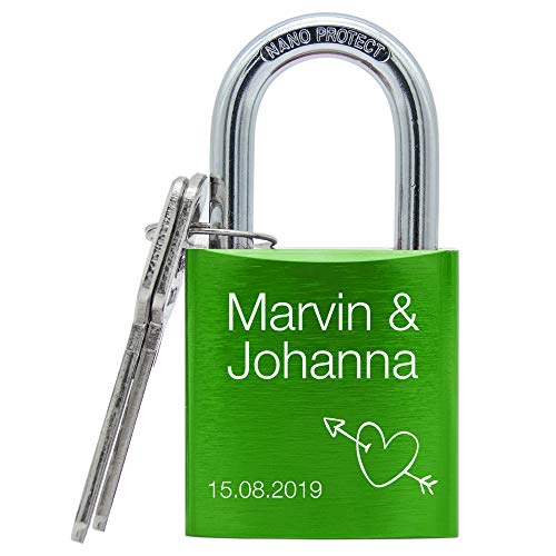 Liebesschloss mit Gravur und 2 Schlüsseln - großes massives Schloss mit Motiv (Grün) von Namenbar