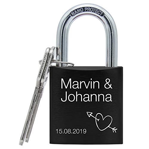 Liebesschloss mit Gravur und 2 Schlüsseln - großes massives Schloss mit Motiv (Schwarz) von Namenbar