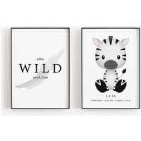 Geburtsposter 2Er Set Namensbild Geburtsdaten Safari Tiere „stay Wild & Free" Zebra Löwe Tiger Personalisiert Kinderzimmer Wanddeko Geburt von namiiPapeterie