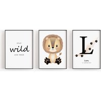 Geburtsposter 3Er Set Namensbild Buchstabe Safari Tiere Löwe Tiger Zebra Personalisiert Kinderzimmer Wanddeko Geburt von namiiPapeterie