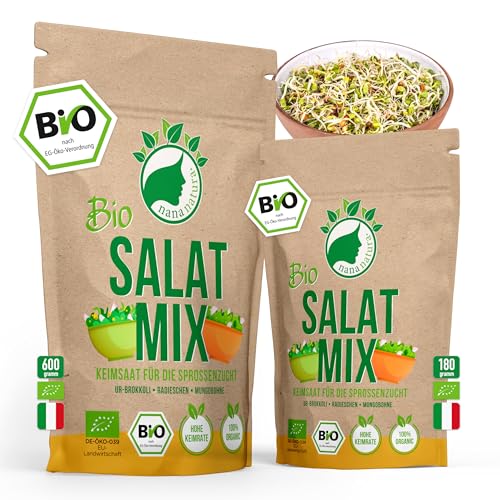 Bio Salat-Mix Sprossen Samen 600g | Keimfähiges Bio-Saatgut zur Sprossenzucht | Microgreens fürs Sprossenglas | geprüft & abgefüllt in Deutschland von nananatura