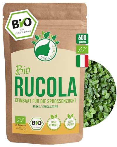 NanaNatura's Bio Rucola Sprossen Samen 600g | Keimfähige Rauke Saaten zur Sprossenzucht | Microgreens für die Keimschale | geprüft & abgefüllt in Deutschland von nananatura