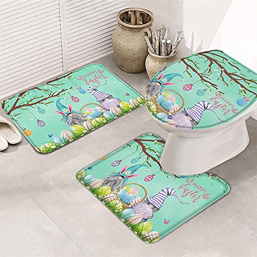 Set 3 Teilig Badvorleger Ostern-Frühlings-Bunte Eier-Zwerge Dekorative Bade-Matte+Kontur+Wc-Deckelabdeckung Langlebige Küchentürteppich Für Wc-Sitz Bezug Badewanne Dusche von nanchangchengbowangluokeji