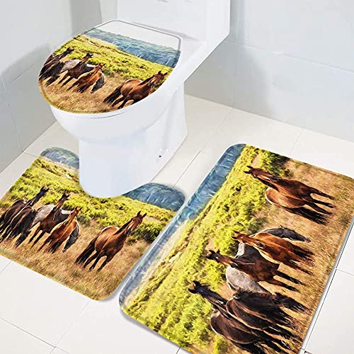 Set 3 Teilig Badvorleger Tierisches Pferd, Das Auf Der Wiese Läuft Langlebige Bade-Matte+Kontur+Wc-Deckelabdeckung Wasserabsorbierend Teppiche Und Toilettendeckel Für Wohnzimmer Wc-Sitz Bezug von nanchangchengbowangluokeji