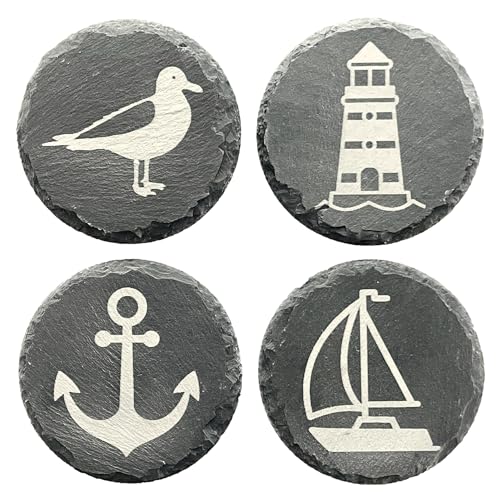 Schiefer Untersetzer Sylt-Set für Gläser rund 10cm 4er Set. Leuchtturm Anker Schiff Möwe Maritim Untersetzer Steinuntersetzer für Getränke von naninoa